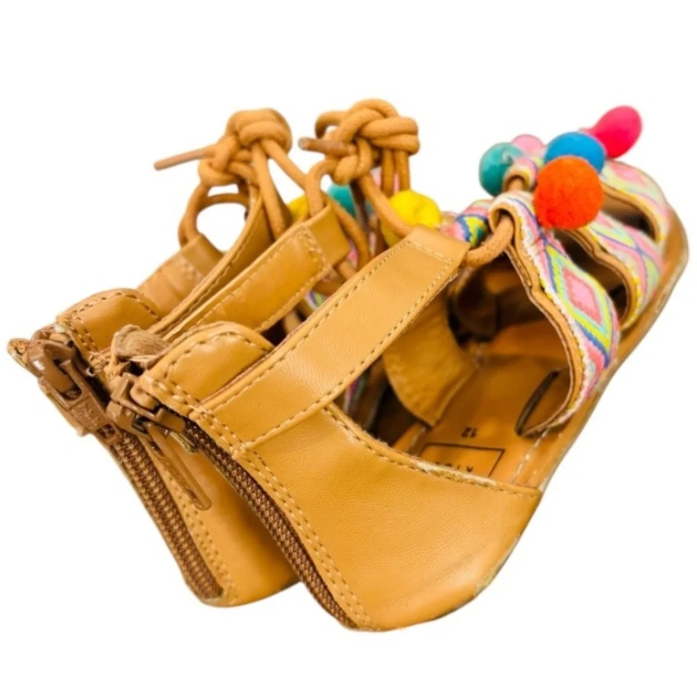 GAP Kids Girls Multi Colored Tan Sandals with Pompoms Size 12